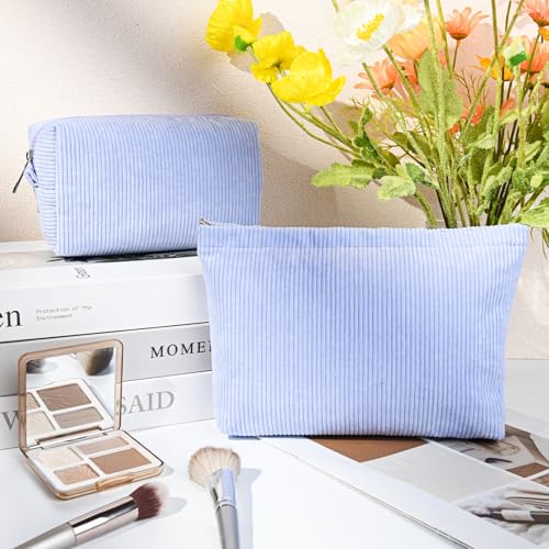 SOIDRAM 2 Pcs Corduroy Makeup Bag Large Cosmetic Bag Toiletry Bag Makeup Pouch Travel Bag Organizer Cute Makeup Brushes Aesthetic Accessories Storage Bag for Women Blue - color: Blue #06