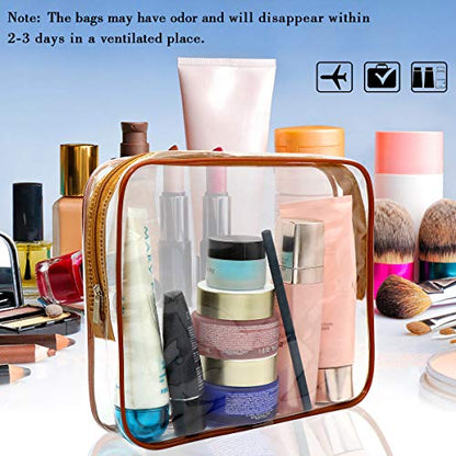 APREUTY Clear Makeup Bags, TSA Approved 6Pcs Cosmetic Makeup Bags Set Clear PVC w/Zipper Handle Portable Travel Luggage Pouch Airport Airline Bags Bathroom (Coffee) - color: Coffee-6PCS(Large+Medium+Small)