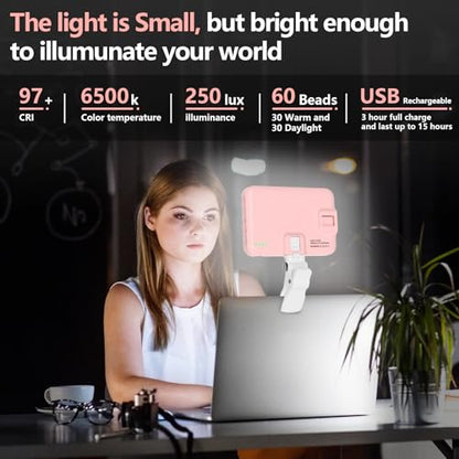 BANSINE LED Phone Light - USB-Rechargeable Portable Photo Light with 97+ CRI, Up to 6500K Color Temperature for Selfie, Zoom Conference, Video, Makeup and Live Stream - color: Pink