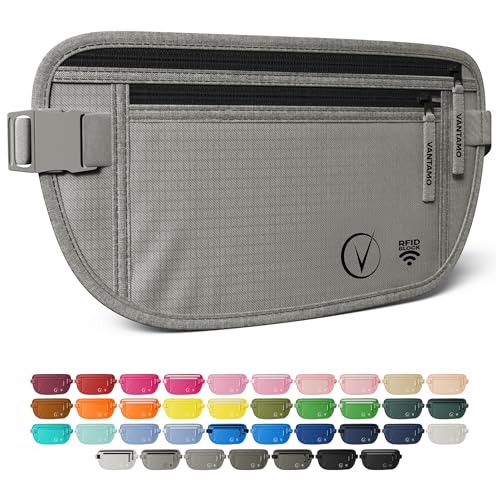 Vantamo Money Belt with RFID For Men & Women, Hidden Passport Holder for Travel, 2 Compartment Travel Fanny Pack for Women Anti Theft - color: Light Gray Black