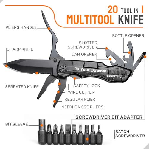 10 Year Anniversary Love Gifts for Men Him Husband, Multitool Knife, 10th Anniversary Practical Gifts for Him Husband, Ten Year Anniversarys Wedding Gift, Personalized Knife, Camping, Hiking - style: 10 YEARS GIFTS