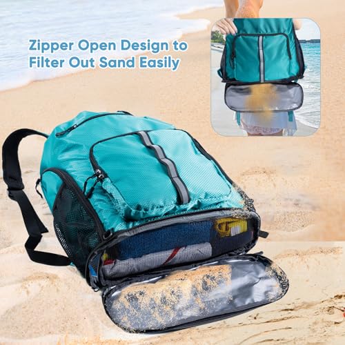 Large Beach Backpack Waterproof Sandproof - Customized Oversized Drawstring Pool Bag with Shoe Compartment for Toiletries, Towels, Gym, Travel - color: Teal