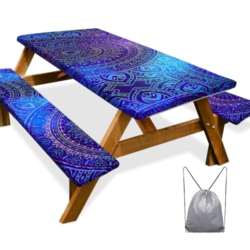 Picnic Table Cover with Bench Covers Camping Essentials Waterproof Windproof Camping Tablecloth with Drawstring Bag, Fitted Rectangle Tables and Seats, 60in, Blue Purple - color: Blue Purple, size: 60in