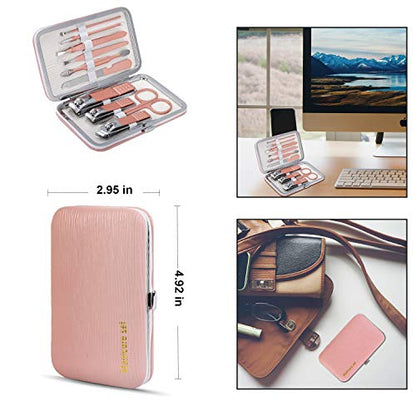 Manicure Set, Travel Mini Nail Clippers Kit Pedicure Care Tools, 10pcs Stainless Steel Grooming kit (Pink) - color: Pink