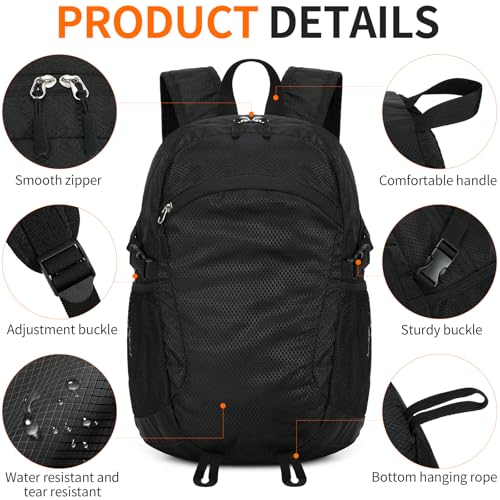 Small Hiking Backpack Travel Lightweight Hiking Packable Daypack Water-Resistant Foldable Backpacks 15L for Travel Women Men Camping (Black) - color: Black, size: 15L