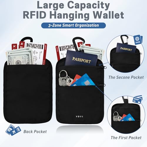 Hidden Travel Wallet Belt Wallet – Large Capacity Passport Holder & Hidden Money Pouch, 3-Zone Organizer Anti-Theft Waist Wallet with Dual Clip Belt & Carabiner - color: Black