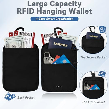 Hidden Travel Wallet Belt Wallet – Large Capacity Passport Holder & Hidden Money Pouch, 3-Zone Organizer Anti-Theft Waist Wallet with Dual Clip Belt & Carabiner - color: Black