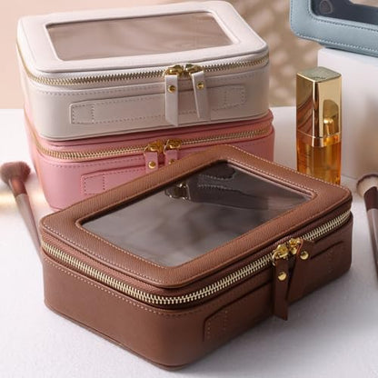 SANHECUN Toiletry bag waterproof cosmetic organizer with handle large opening for travelling car organizer (Brown) - color: Brown