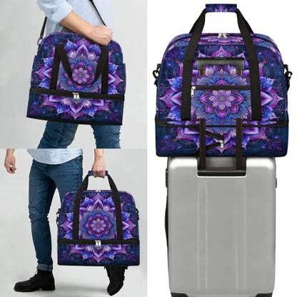 Travel Duffle Bags With Shoes Compartment for Women Men Purple Mandala Lightweigh Sports Tote Gym Bag Boho Flower Foldable Canvas Weekender Overnight Carry On Luggage Handle Bag - color: B03:Purple Mandala