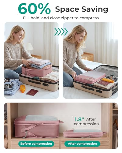BAGSMART 6 Set /4 Set/2 Set Compression Packing Cubes for Travel, Lightweight Luggage Organizer Bags, Durable Space Saver Bags Travel Essentials - color: Brier Rose, size: Set of 6