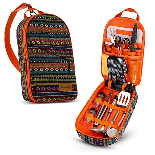 Wealers Camp Kitchen Cooking Utensil Set Travel Organizer Grill Accessories Portable Compact Gear for Backpacking BBQ Camping Hiking Travel Cookware Kit Water Resistant Case - color: 17 Pieces Orange