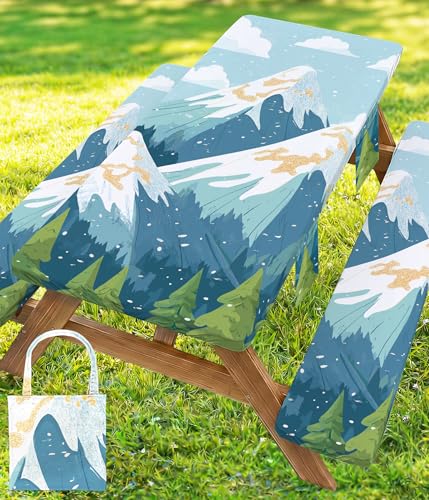 Picnic Table Cover with Bench Covers Waterproof Vinyl Elastic Rectangle Fitted Table Cloth Camping Lovers Essentials Rv Car Travel Overlanding Outdoor Roadtrip Road Trip Men Women Camper Gifts 6 Foot - color: Blue mountains, size: 72in