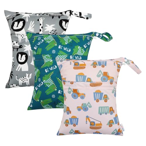 ALVA ALVABABY 3pcs Cloth Diaper Wet Dry Bags Waterproof Reusable with Two Zippered Pockets Travel Beach Pool Daycare Soiled Baby Items Yoga Gym Bag for Swimsuits or Wet Clothes 3L-ZM16A - color: Engineering truck Lion crocodile