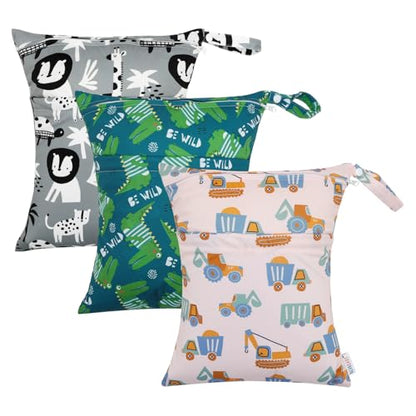 ALVA ALVABABY 3pcs Cloth Diaper Wet Dry Bags Waterproof Reusable with Two Zippered Pockets Travel Beach Pool Daycare Soiled Baby Items Yoga Gym Bag for Swimsuits or Wet Clothes 3L-ZM16A - color: Engineering truck Lion crocodile