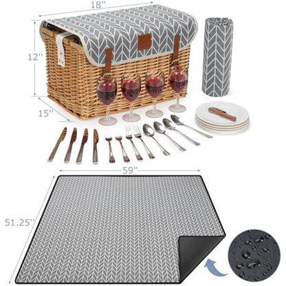 WILLOW WEAVE Luxury Picnic Basket, Wicker Picnic Basket Set for 4, Picnic Basket with Blanket & Portable Table for Camping and Outdoor Party - Gray - size: L for 4P-BlueLeaf