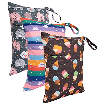 babygoal Wet Dry Bags 3 Pack for Baby Cloth Diapers, Washable Travel Bags, Beach, Pool, Gym Bag for Swimsuits & Wet Clothes with Two Zippered Pockets 3LN27 - color: Elephant and ice cream