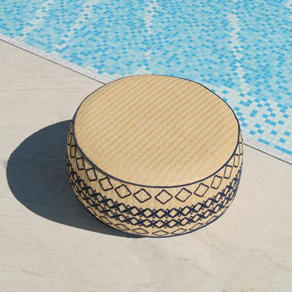 Outdoor Inflatable Ottoman with Air Pump, Embroidery Patio Footrest Stool D21”x H9”, Round Pouf Ottoman with Portable Handle Suitable for Garden, Camping, Bedroom, Living Room - color: Navy Embroidery