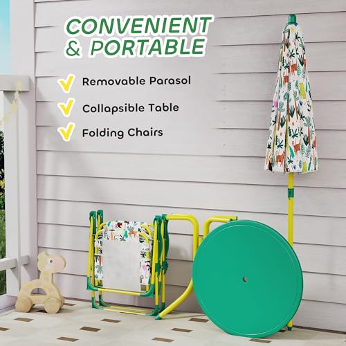 Qaba Kids Picnic Table and Chair Set, Outdoor Activity Table with Foldable Chairs, Removable Umbrella, Monkey and Giraffe Pattern Toddler Patio Furniture for Backyard, Garden, Green