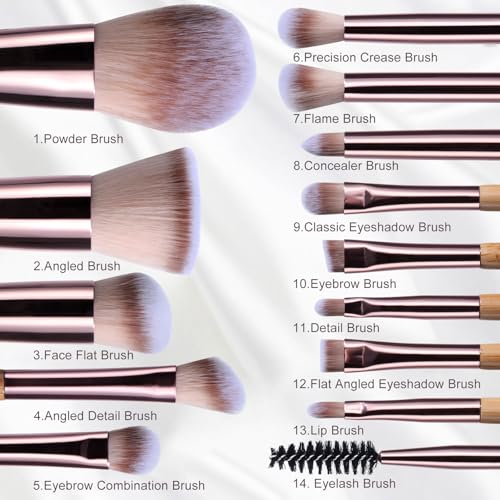 BS-MALL 14 Pcs Makeup Brushes Set with 1 Pcs Makeup Sponge – Essential Foundation Powder Concealers, Eye Shadows, Blush Makeup Brushes with Travel Makeup Case (Bamboo) - color: Bamboo