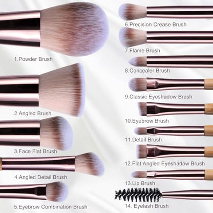 BS-MALL 14 Pcs Makeup Brushes Set with 1 Pcs Makeup Sponge – Essential Foundation Powder Concealers, Eye Shadows, Blush Makeup Brushes with Travel Makeup Case (Bamboo) - color: Bamboo