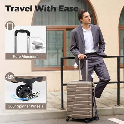 Coolife Medium Checked Luggage with Spinner Wheels, Hardside Suitcase TSA Lock Lightweight Travel Luggage 24-inch,Brown - color: brown, size: Medium(24in)