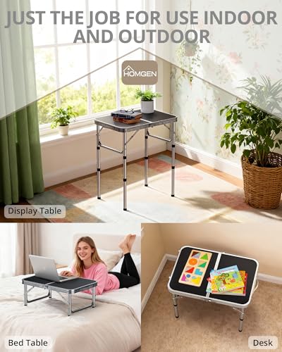 HOMGEN Portable Small Folding Table-Ease of Assembly-3 Heights Adjustable 30/20/10 Inch-23'' L x 16'' W Desktop Size-Stable Camp Table Foldable-Durable Load-Bearing Up to 66lbs-for RV/Camping/Picnic