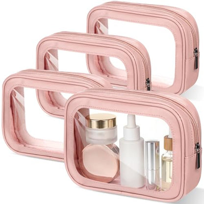 Abbylike 4 Pcs Pink Clear Makeup Bag PU Leather Tsa Approved Toiletry Bag with Zipper Transparent Waterproof Portable Cosmetic Bags Travel Car Clear Organizer Bags for Women Girls Mother's Day - color: Pink