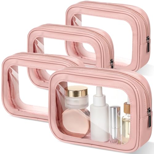 Abbylike 4 Pcs Pink Clear Makeup Bag PU Leather Tsa Approved Toiletry Bag with Zipper Transparent Waterproof Portable Cosmetic Bags Travel Car Clear Organizer Bags for Women Girls Mother's Day - color: Pink