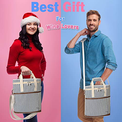 Tirrinia Insulated Wine Gift carrier - 3 Bottle Travel Padded Wine Carry Cooler Tote Bag with Handle and Adjustable Shoulder Strap, Stripe - color: Blue Stripe