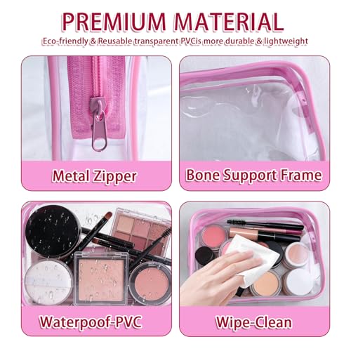 12 Pieces Clear Makeup Bags Bulk, TSA Approved Toiletry Bag PVC Cosmetic Toiletries Pouch with Zipper, Waterproof Vinyl Plastic Organizer Case for Carry-on Travel Essentials (Pink Medium) - color: 12 Medium Pink