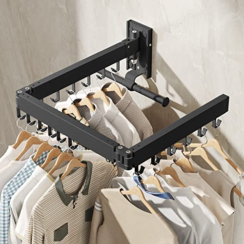 BOQORAD Drying Rack Clothing, Retractable Clothes Drying Rack,Wall Mounted Laundry Rack, Laundry Drying Rack Wall Mount,Collapsible Clothes Rack,can Fold Upward & Left & Right,Black Color - size: Plus-Black