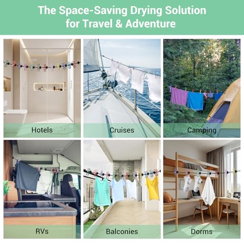 Retractable Portable Travel Clothesline with 12 Clips, Indoor Outdoor Clothes Drying Rack for Hotel, Cruise, Camping Accessories