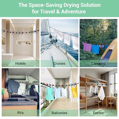 Retractable Portable Travel Clothesline with 12 Clips, Indoor Outdoor Clothes Drying Rack for Hotel, Cruise, Camping Accessories