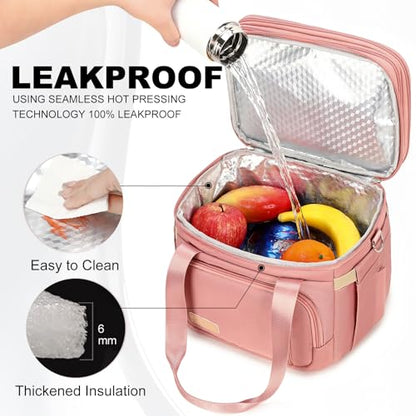 MAPLELILY Lunch Box for Men Women - Double Deck Insulated Lunch Bag, Large Leak Proof Tote Cooler, Wide Open Dual Compartment Lunch Bags with Shoulder Strap, For Work Picnic Hiking Beach, Pink - color: Pink