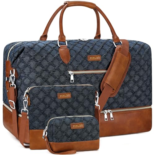 ITIEZY Weekender Overnight Bag for Women - Large Travel Duffel Bag with Shoe Compartment, Gym Duffel Bag Hospital Bag Carry On Tote Bags for Airplanes with Crossbody Bag Toiletry Bag 3Pcs Set - color: 8a-Dark blue