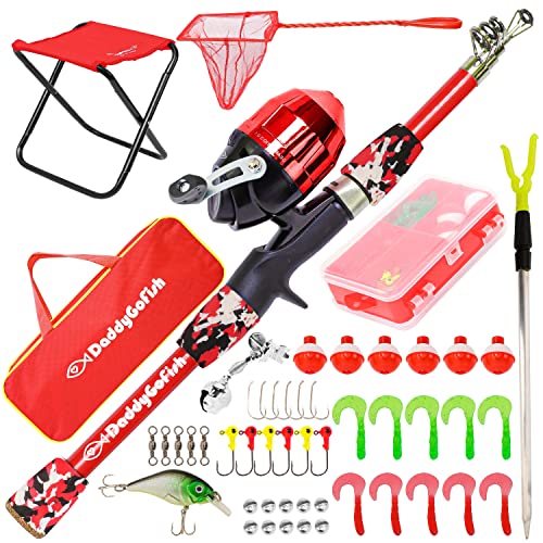 DaddyGoFish Kids Fishing Pole - Rod Reel Combo Tackle Box Starter Set - First Year Small Dock Gear Kit for Boys Girls Toddler Youth Age Beginner Little Children Junior Anglers - color: Red (Complete Set), size: 4ft
