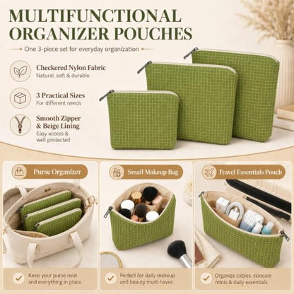 Small Zipper Pouches for Purse, 3 Pack Green Checkered Nylon Pouch Set, Purse Organizer Pouches for Makeup, Cards, Keys, Cables & Travel Essentials - color: GreenPlaid/Nylon