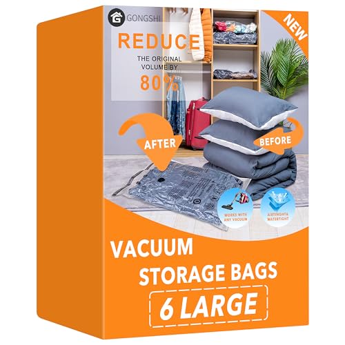 GONGSHI Vacuum Storage Bags, Space Saver Seal Bags For Clothing, Travel Luggage,Blankets, Comforters, Pillows, Clothes Storage.6 Large