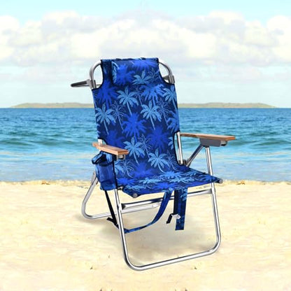 Backpack Beach Chairs for Adults Capacity 300 LBS high 5 Position Beach Chair with Pouch Straps Folding Lightweight Reclining Aluminum Wide Lay Flat Single - color: 17in Wood Blue Leaves 1 Pack