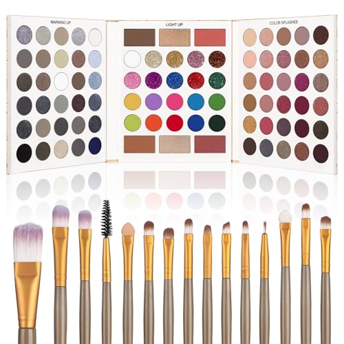 UCANBE Eyeshadow Palette with 15 Brushes Makeup Sets, Pigmented Eye Makeup Pallet Holiday Gift Set, Matte Smokey Rosy Neutral Glitter Eye Shadow Powder & Contour Highlight Blush All-in-One Make Up Kit - color: Palette C + Coffee-Brown Brush