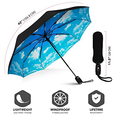 Repel Windproof Travel Umbrella - Compact & Withstands Winds up to 100MPH , Strongest Premium Auto Folding Umbrella for Rain and Sun - Durable, Light & Portable for Women & Men , Fits Backpack & Cars - color: Blue Sky - Travel Umbrella (1 Pack)