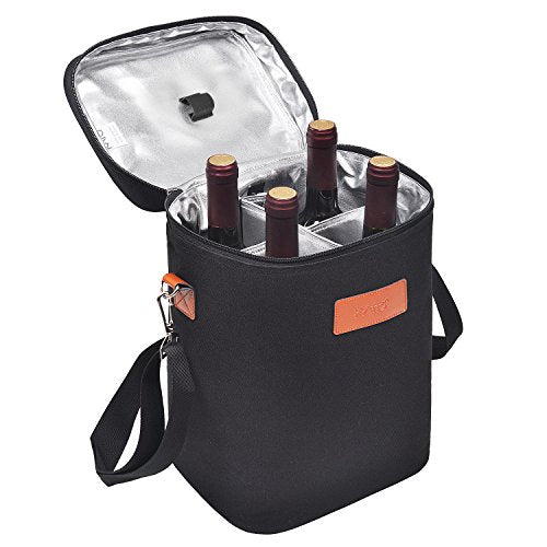 Tirrinia 4 Bottle Wine Gift Tote Carrier - Leakproof & Insulated Padded Versatile Wine Cooler Bag for Travel, BYOB Restaurant, Wine Tasting, Party, Dinner,Gift for Wine Lovers, Black - color: Black, size: 4 Bottle-without front pocket