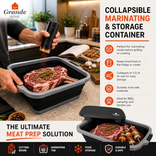 BBQ Prep Tub Collapsible EXTRA-LARGE w/Cutting Board, Locking Lid – Meal Prep Food Prep Containers w/Lids for Resting Meat –3 Adjustable Height - Ideal for Camping, Picnic, Dish Basin