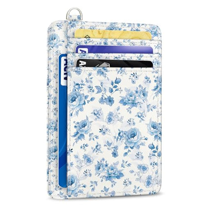 Yonlevres Credit Card Holder Slim Wallet Women, Floral Flowers RFID Blocking Small Front Pocket Travel Cute Thin ID Window PU Leather Mini Organizer Case Purse Gift Woman Girls Ladies - color: Floral Blue