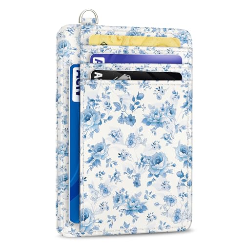 Yonlevres Credit Card Holder Slim Wallet Women, Floral Flowers RFID Blocking Small Front Pocket Travel Cute Thin ID Window PU Leather Mini Organizer Case Purse Gift Woman Girls Ladies - color: Floral Blue