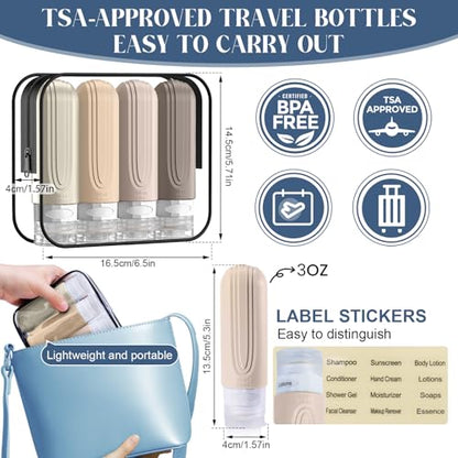 Travel Bottles for Toiletries, 3oz TSA Approved Travel Size Toiletries, Silicone Leak-Proof Refillable Containers, Squeezable Liquid Essentials Bottles W/Clear Bag (CREAM) - color: CREAM