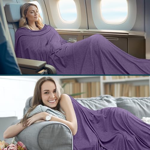 PAVILIA Travel Blanket Airplane Compact with Bag, Lightweight Soft Fleece Plane Blanket Long Flights, Camping Road Trips, Packable Travel Gift Essentials with Luggage Backpack Strap, 65x40, Purple - color: Purple
