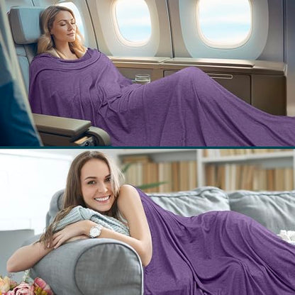 PAVILIA Travel Blanket Airplane Compact with Bag, Lightweight Soft Fleece Plane Blanket Long Flights, Camping Road Trips, Packable Travel Gift Essentials with Luggage Backpack Strap, 65x40, Purple - color: Purple