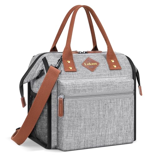 LOKASS Leak-proof Lunch Box for Women Insulated Lunch Cooler Bag Thermal Lunch Tote with Removable Shoulder Strap for Men Adults Large Picnic Bag for Office Work Outdoor, Grey - color: Light Gray