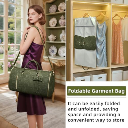 Garment Duffle Bag for Travel, 2-in-1 Foldable Carry On Garment Bag with Shoe Compartment & Toiletry Pocket, Convertible Weekender Bags for Women Business Travel, Vacation, Party, Deep Green - color: Deep Green